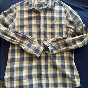 Eddie Bauer grey, yellow and cream button down shirt
